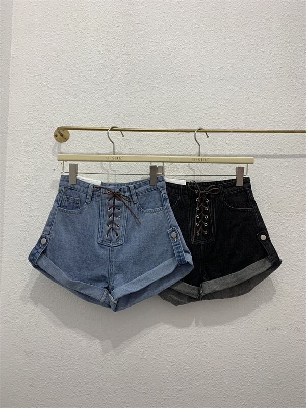 goods in stock! New in early summer! [u.she] Korean style personalized lace up crimped denim shorts 88551# cqw
