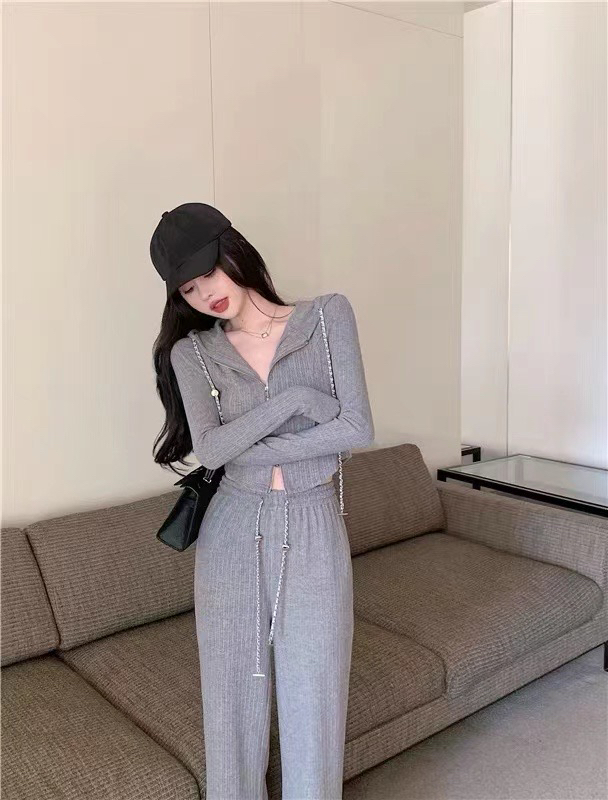 goods in stock! New year in early spring! [new style] hooded zipper comfortable long sleeve + simple net color trousers leisure suit 5559# HBx