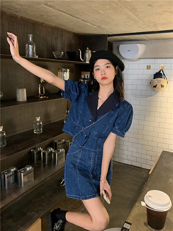 [y.jia Yijia] Korean bubble sleeve short denim jacket + simple and thin denim half suit ys2-5582# PCZ