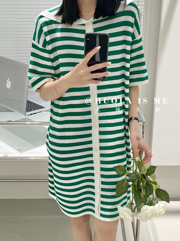 [hot Huola is me] single breasted striped loose casual dress 7587# cqw