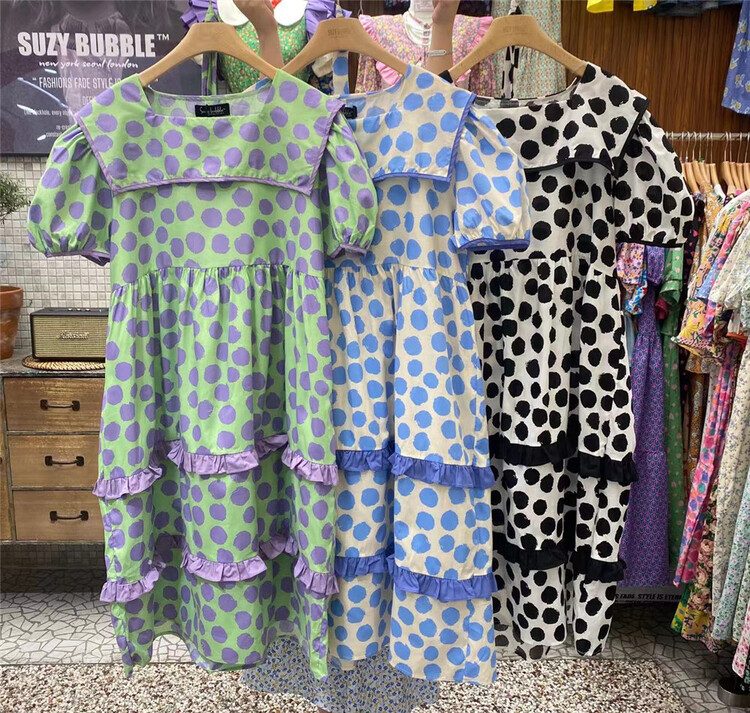 [N21] fashion large lapel wave dot bubble sleeve dress (with belt) 321# WPL