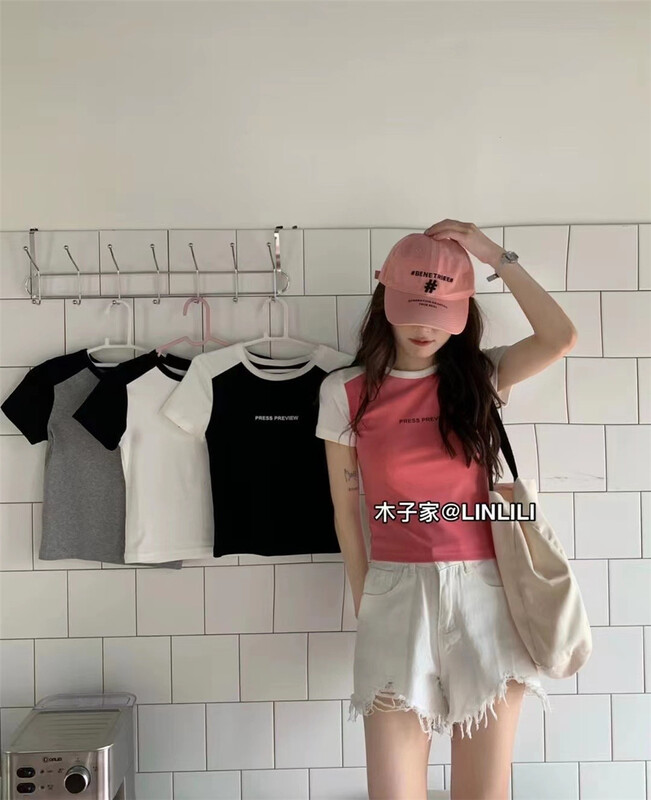 [muzijia] contrast color round neck letter short short sleeve T-shirt 66918# XYY