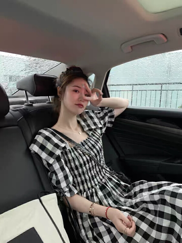 [L.L studio] black and white plaid waistband square neck dress 7376# PCZ