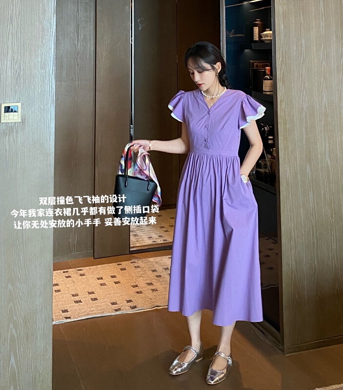 New in early summer! [f.three] V-neck flying sleeve waist closing dress 95133# XJ