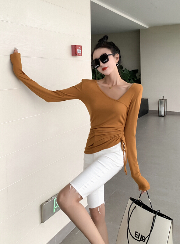 goods in stock! New year in early spring! [Yuanxi] drawstring design temperament backing long sleeve T-shirt ys4-3001# LSL