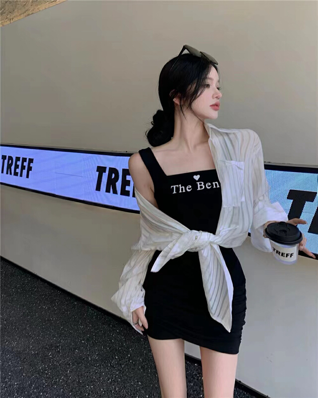 [M.H] striped single breasted shirt + letter suspender dress set 8270# PCZ