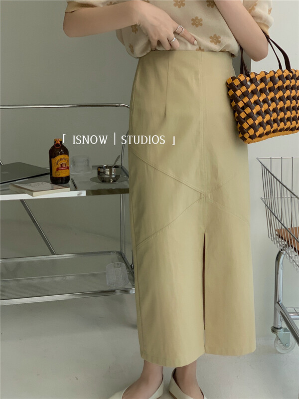 [I snow] Korean split medium length gentle wind skirt 332209# jhy