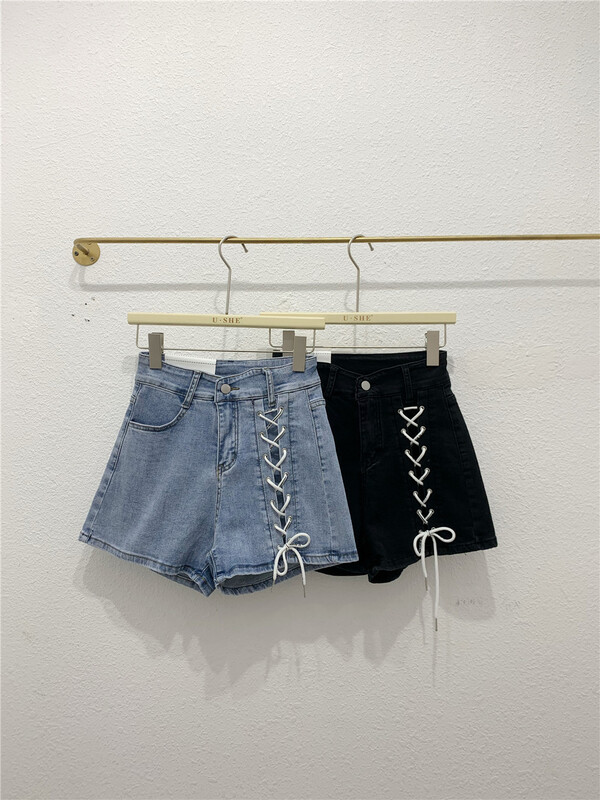 [u.she] Korean color blocking lace up denim shorts 19798# cqw