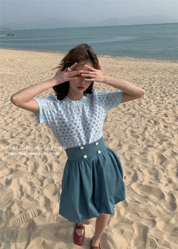 goods in stock! New in early summer! [kuose kuser] French Style Bubble Sleeve hollowed out design blouse 89817# WPL
