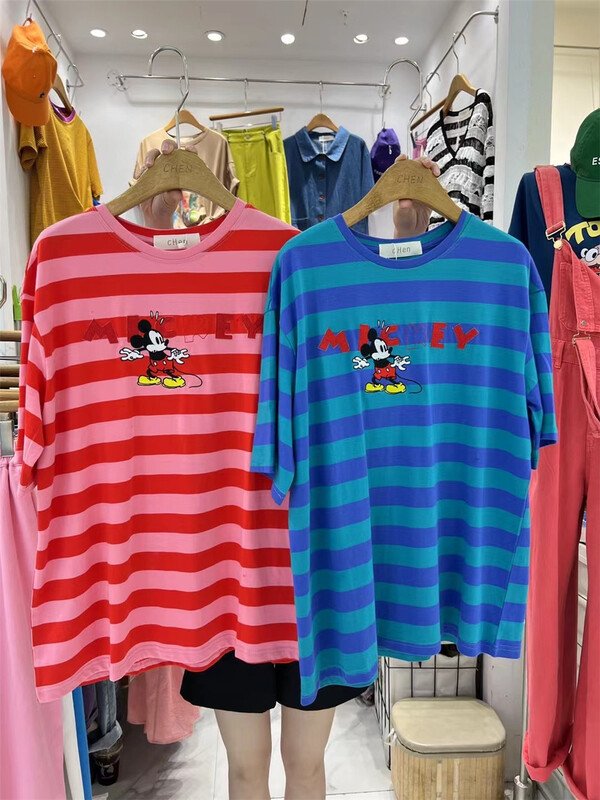 [Chen] Korean stripe loose Mickey Casual Short Sleeve T-shirt ys1-6721# cqw
