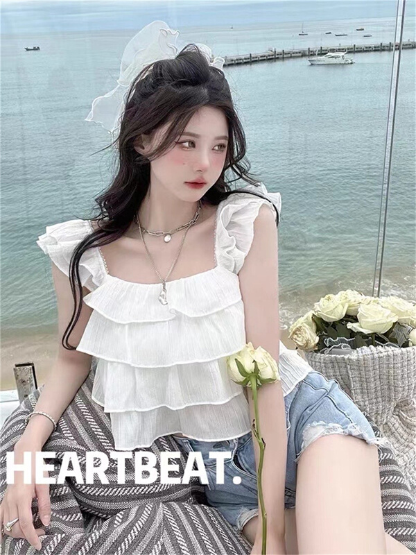 [Heartbeat] ruffled solid color square neck blouse 4021# L