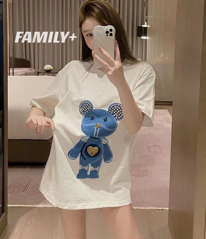 [family +] Korean heavy industry embroidery Nail Drill short sleeve T-shirt 22159# ozq