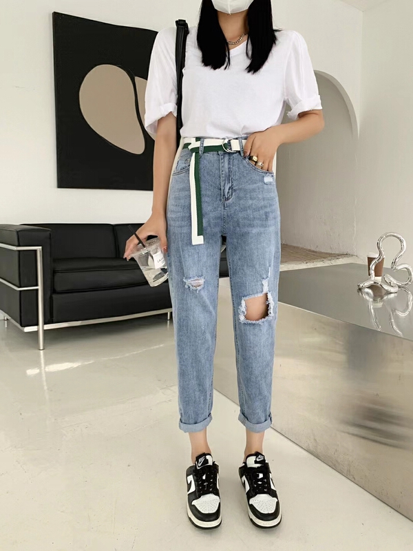 [J-star] Korean style comfortable jeans with holes (with belt) 7308# Cl