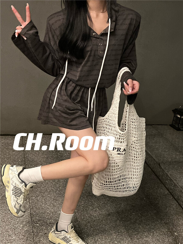 [ch watermelon home] hooded long sleeve lettered T-shirt + casual Shorts Set 8726# ozq
