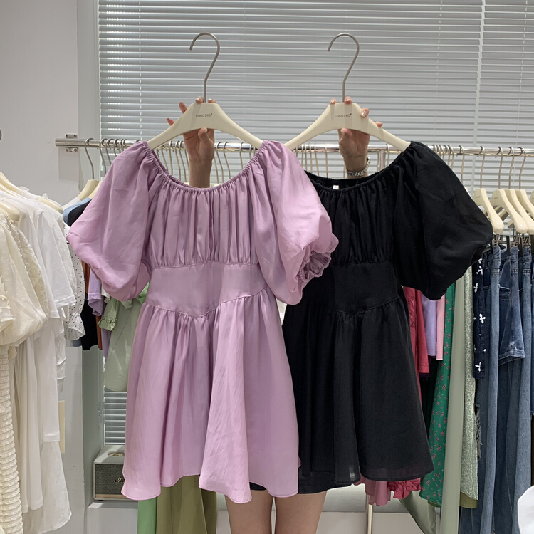 [going] straight shoulder bubble sleeve plain solid dress 9555# lwy