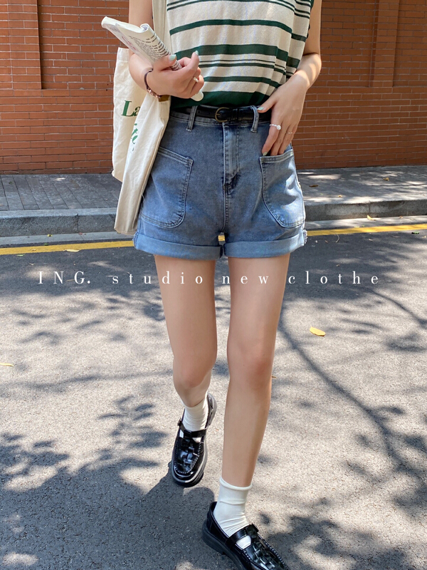[ing] vintage and versatile high waist slim hem Wide Leg Denim Shorts 7752# HBx