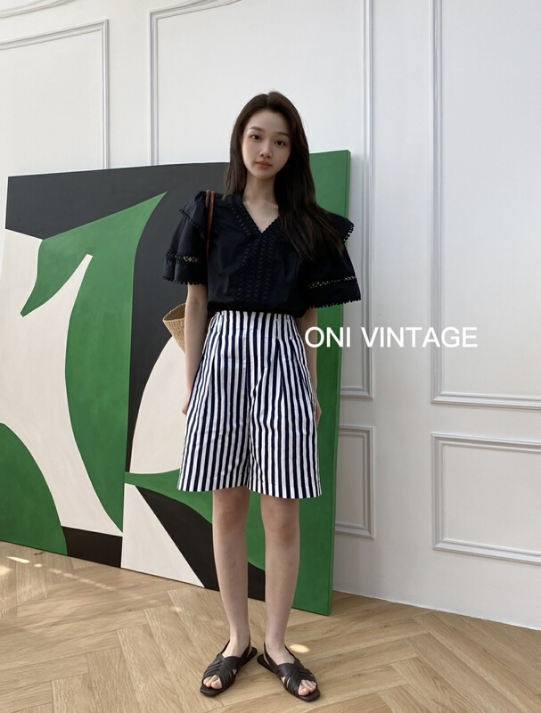 [onivinage oni] high waist versatile stripe casual shorts ol224p4591# zxl