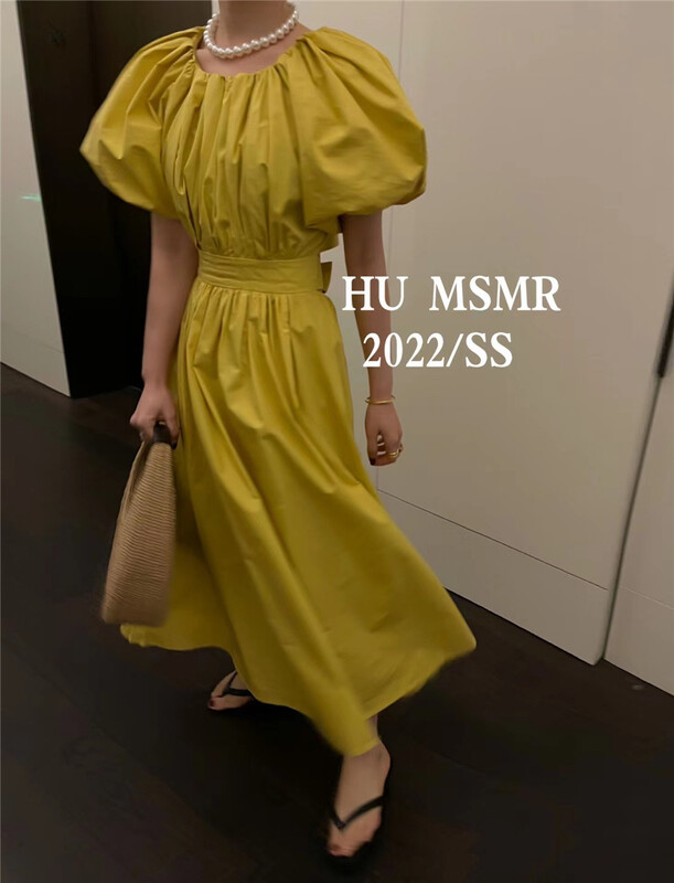 [Hu] back hollowed out bubble sleeve waist closing dress 6959# LSL
