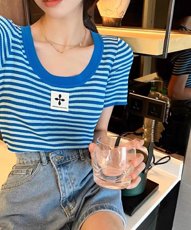 [blue show] Korean striped U-neck versatile sweater 6112# LSW