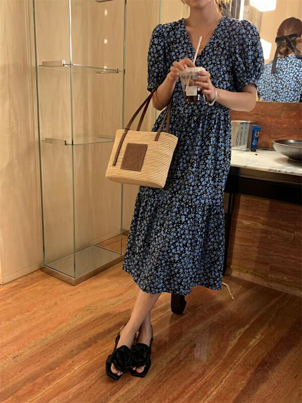 goods in stock! New in early summer! [Sicily] vintage blue flower dress 22021# XJ