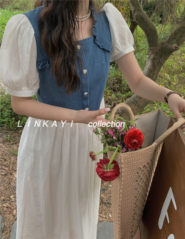 New in early summer! [linkayi] Korean style denim stitched high waist dress 30005# hjy