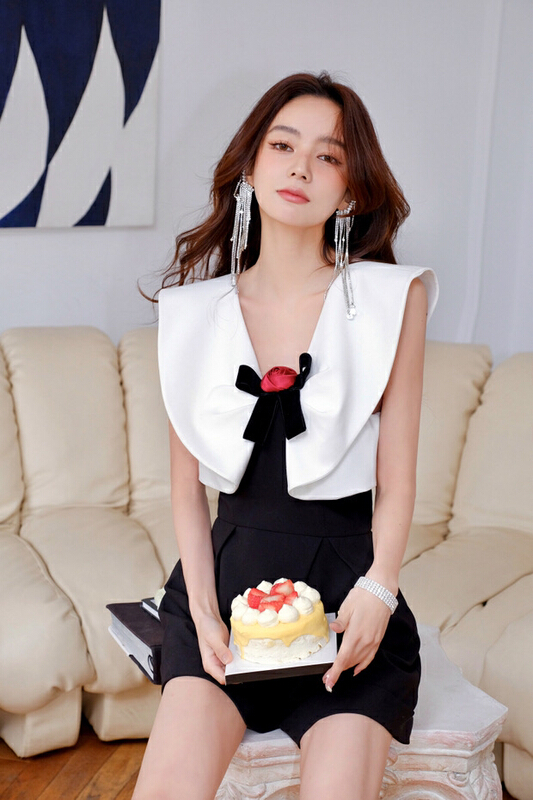[ala] minority design flower bow contrast color Jumpsuit l1332# JJ