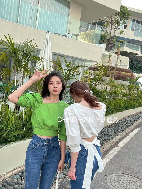[Cr] design inclined shoulder bubble sleeve blouse 6001# PCZ