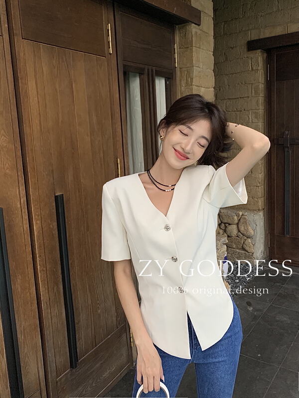 [ZY] niche design fashionable waist closing short sleeve V-neck suit 68293# ozq