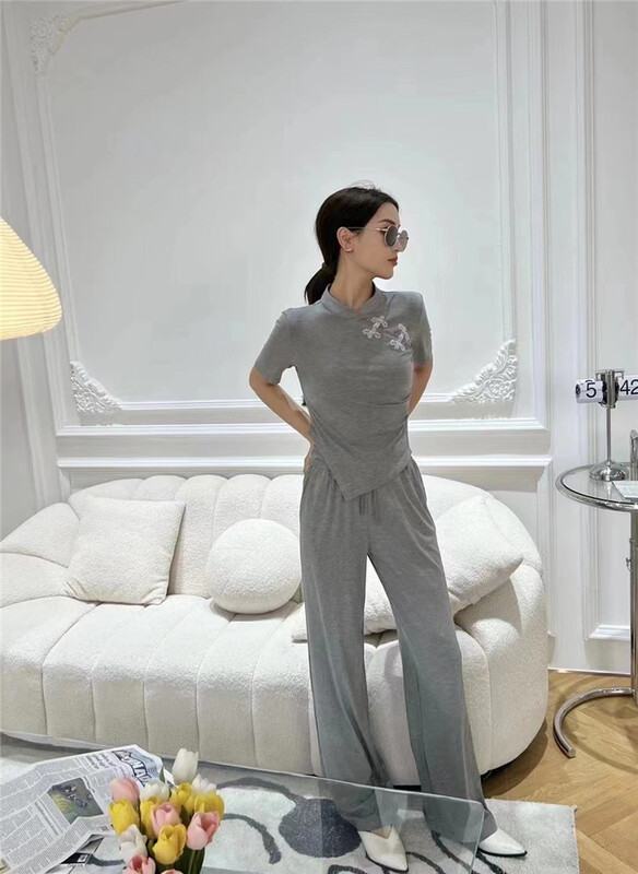[big C studio] stand collar button up blouse + lace up elastic waist casual pants set 5096# PCZ