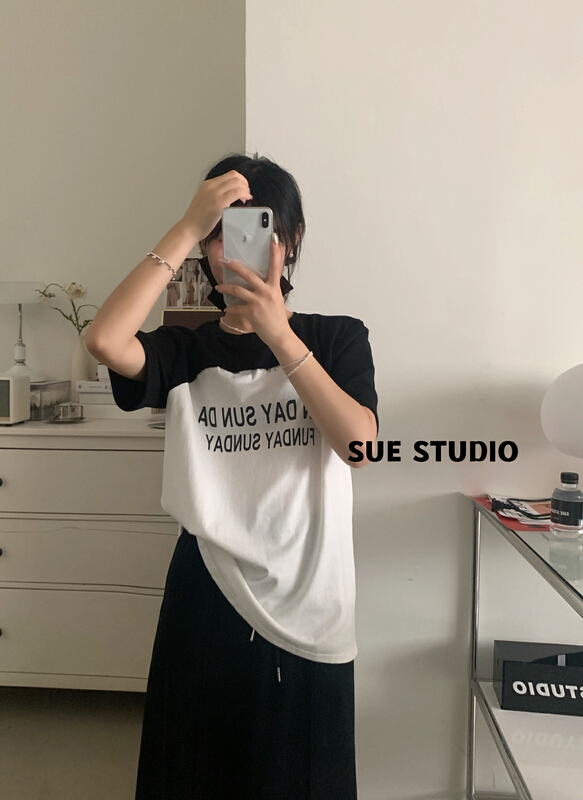New in early summer! [Sue studio] Korean alphabet short sleeve T-shirt + high waist solid color skirt set 22215-16# ZSY