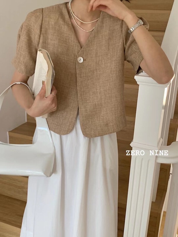 New in early summer! [zero-nine 009] Korean Short V-neck bubble sleeve jacket 9270# HBx