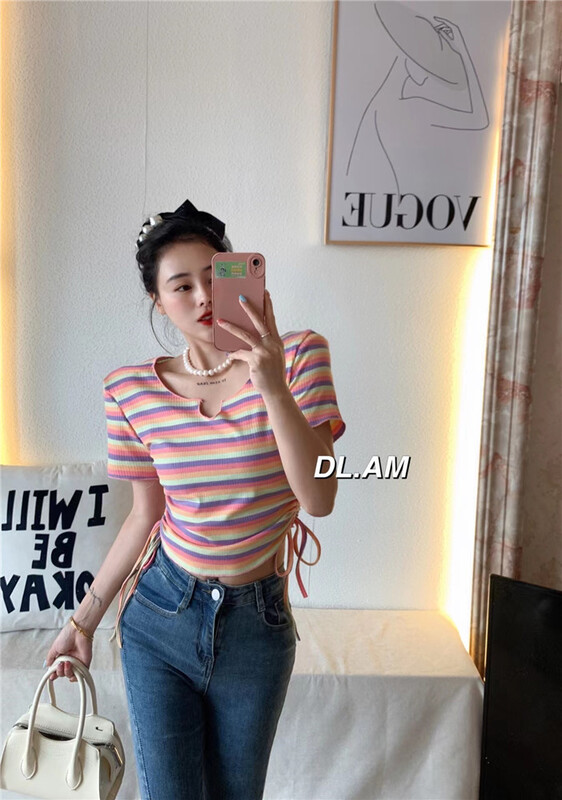 [dl. Am] Korean simple stripe lace up blouse (excluding necklace) 80188# WPL