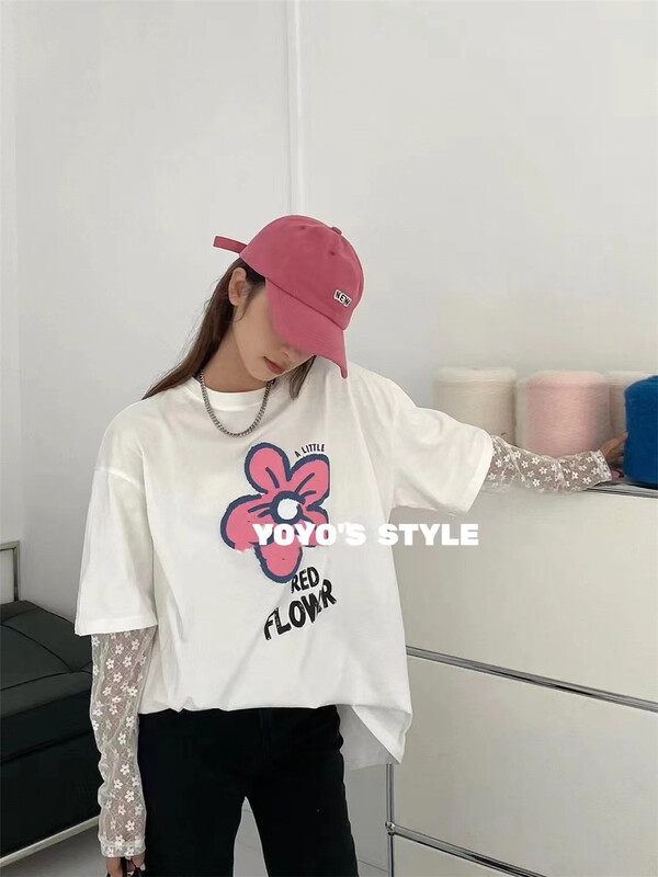 New in early summer! [yoyo's] Korean round neck splicing Lace Flower Print Long Sleeve T-shirt 8506# XYY