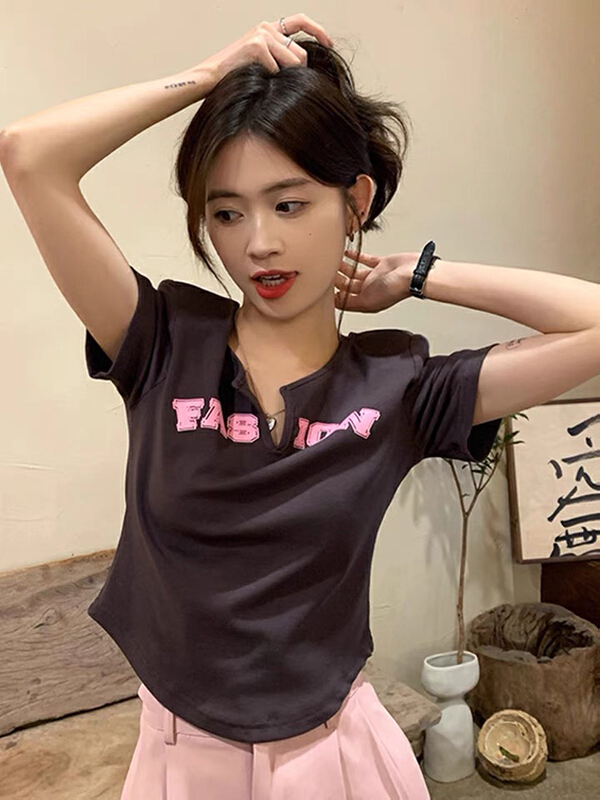 goods in stock! New in early summer! [Kiki studio] alphabet print versatile slim short sleeve T-shirt 5765# hjy