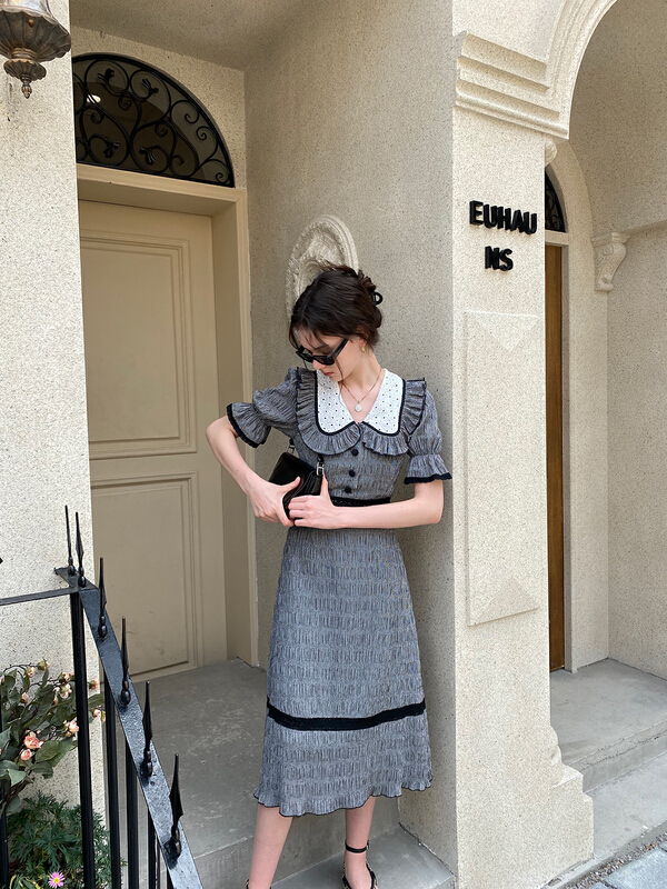 [by] French Plaid lace butterfly neck waist dress 7717# Cl