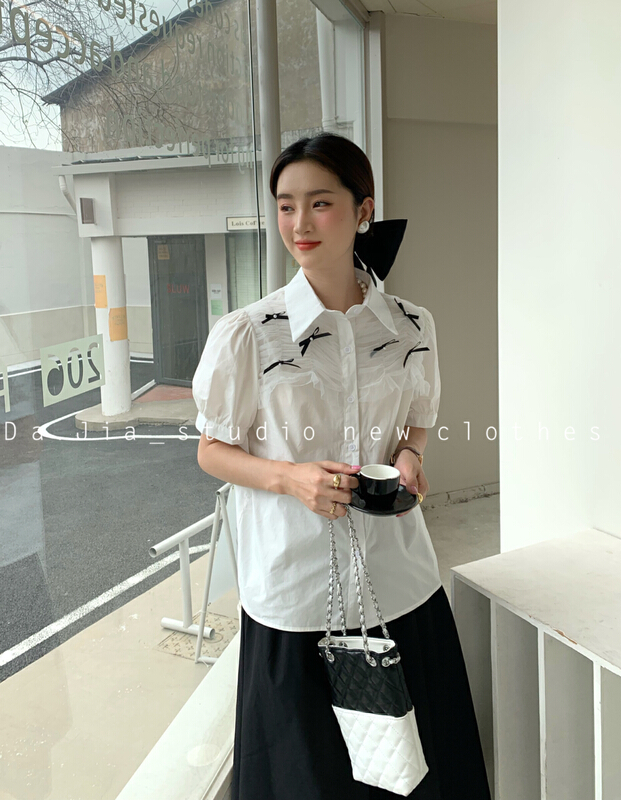 New in early summer! [Dajia] Korean mesh pearl bow stitched shirt 22286# CLS