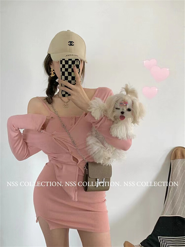 [goblin] Korean version hip wrapped slim suspender dress + versatile sunscreen cardigan suit 22161# PCZ