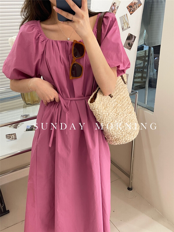 goods in stock! [Sunday morning] Korean version solid color loose bubble sleeve dress (with waist rope) 9089# ZSY