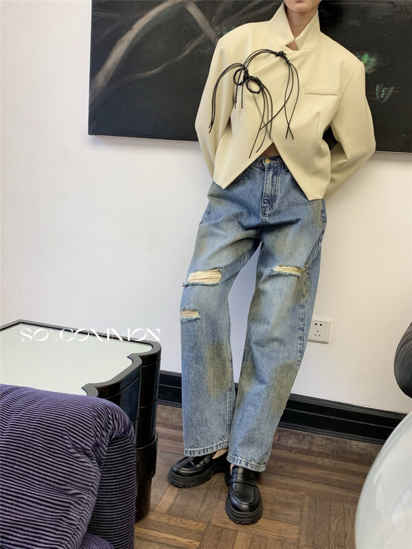 [so common] Korean version contrast color pierced loose jeans 72001# jhy