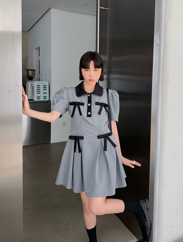 [Penny vogue] bow tie color blocking and crimping dress 65889# LSL
