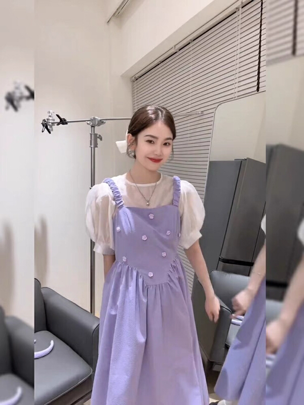 [Huaxi] sweet temperament bubble sleeve blouse + suspender heavy industry dress suit 8868# PCZ