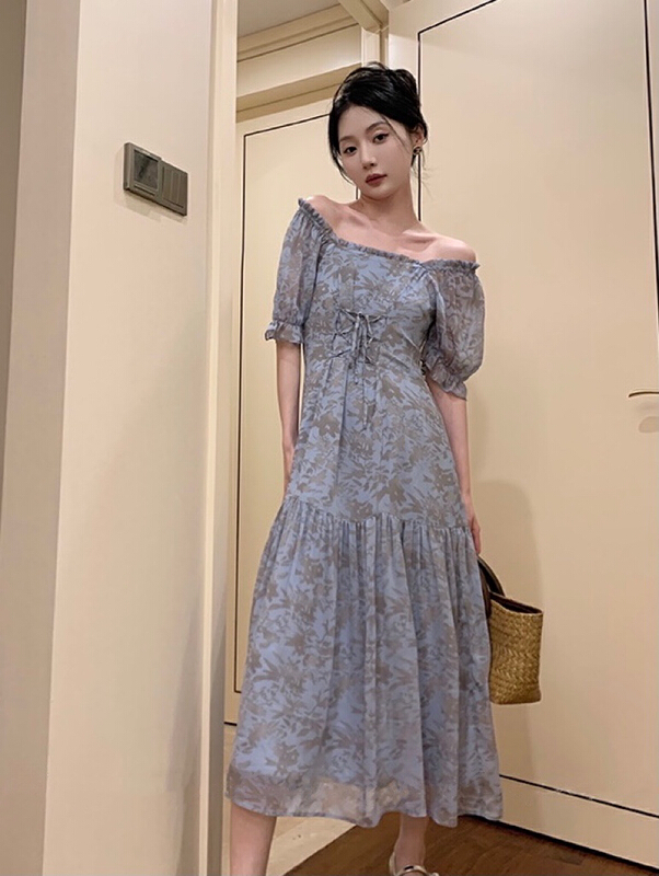 goods in stock! [savage] French retro two-piece square neck one-line Neck Lace Up waist dress (with waist rope) e8095# WPL