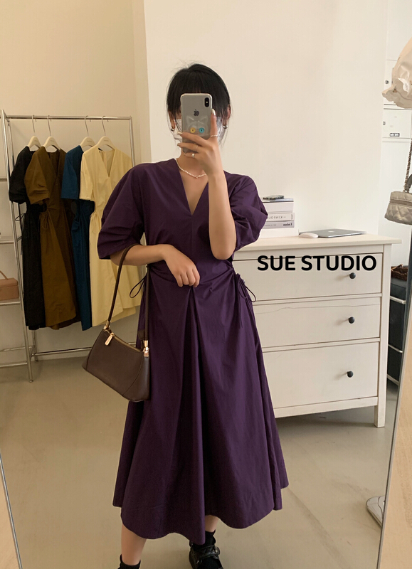 New in early summer! [Sue studio] V-neck waist lace up dress 99979# zjy