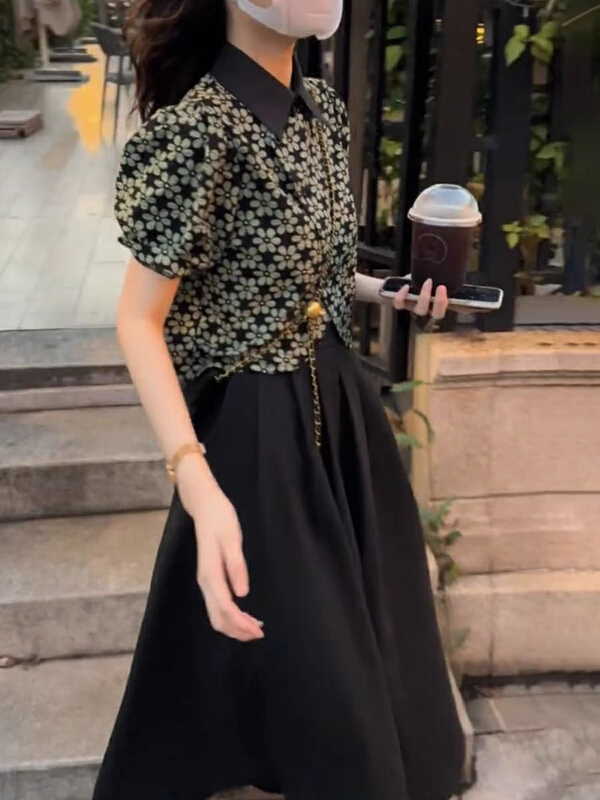 [Yingying new clothes] advanced feeling, light mature, gentle wind, floral shirt + high waist skirt suit 7523# Cl