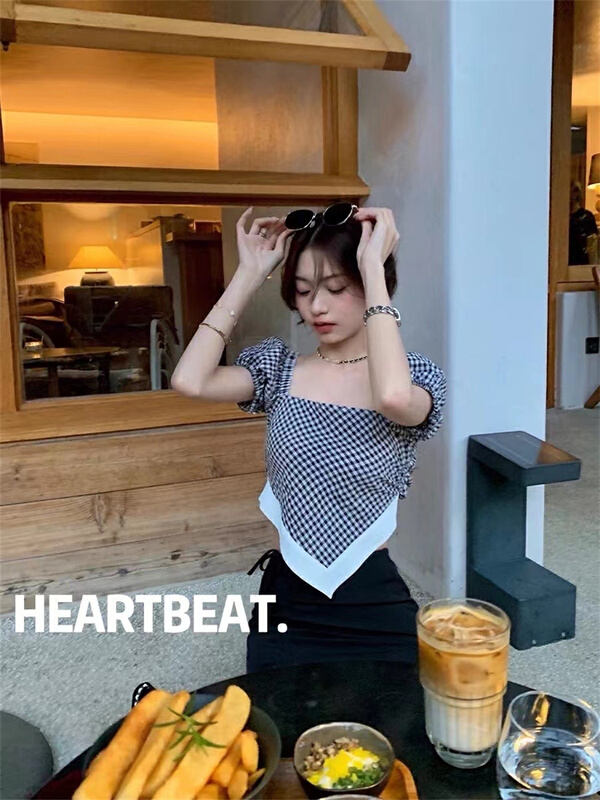 [Heartbeat] design sense Plaid bubble sleeve blouse (only for small blouses) h4013# L