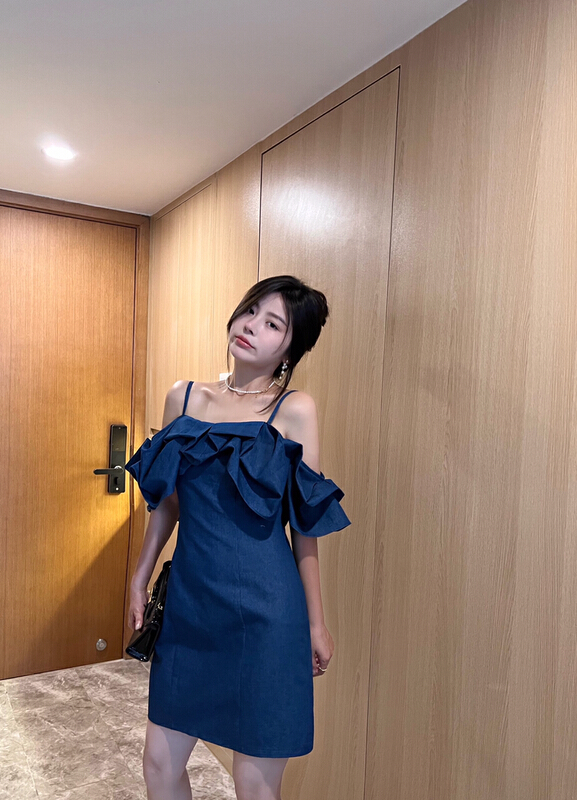 [Cr] French suspender off shoulder denim dress 6098-1# PCZ