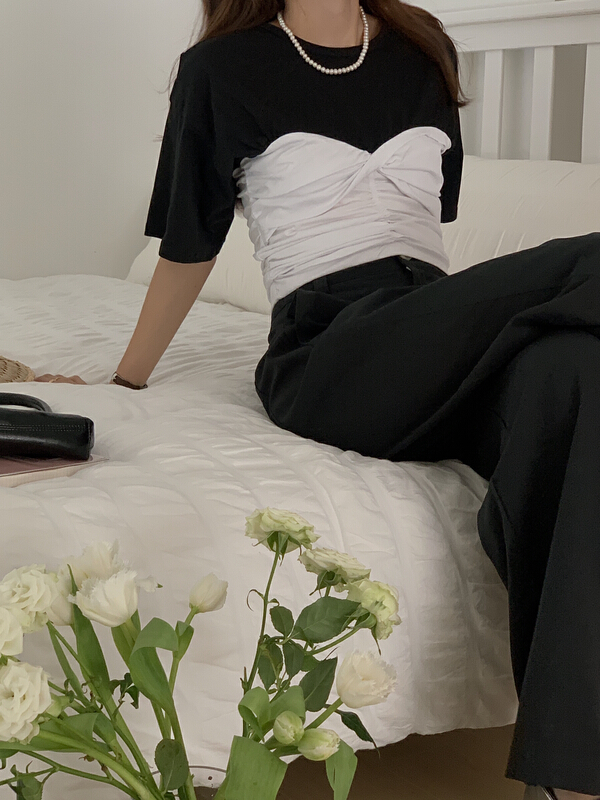 New in early summer! [on line] pleated design contrast small shirt a36599# lwy