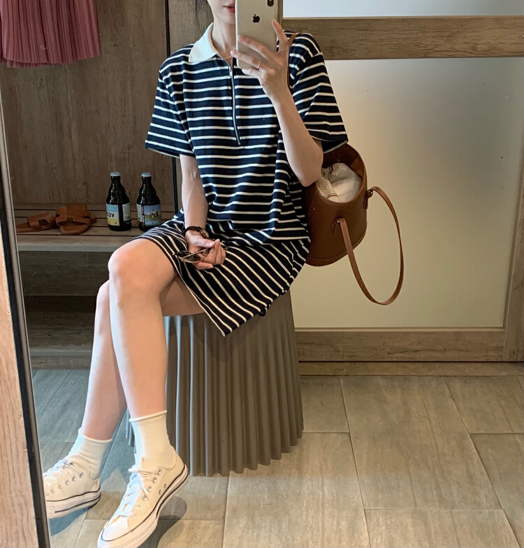 New in early summer! [only love] zip neck stripe dress c332# zxl