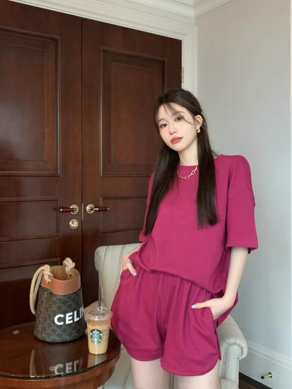 [L.L studio] backless loose solid short sleeves + simple and versatile comfortable casual Shorts Set 77110# PCZ