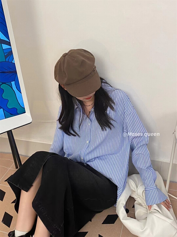[moss queen] commuter versatile vertical stripe shirt 50051# XYY